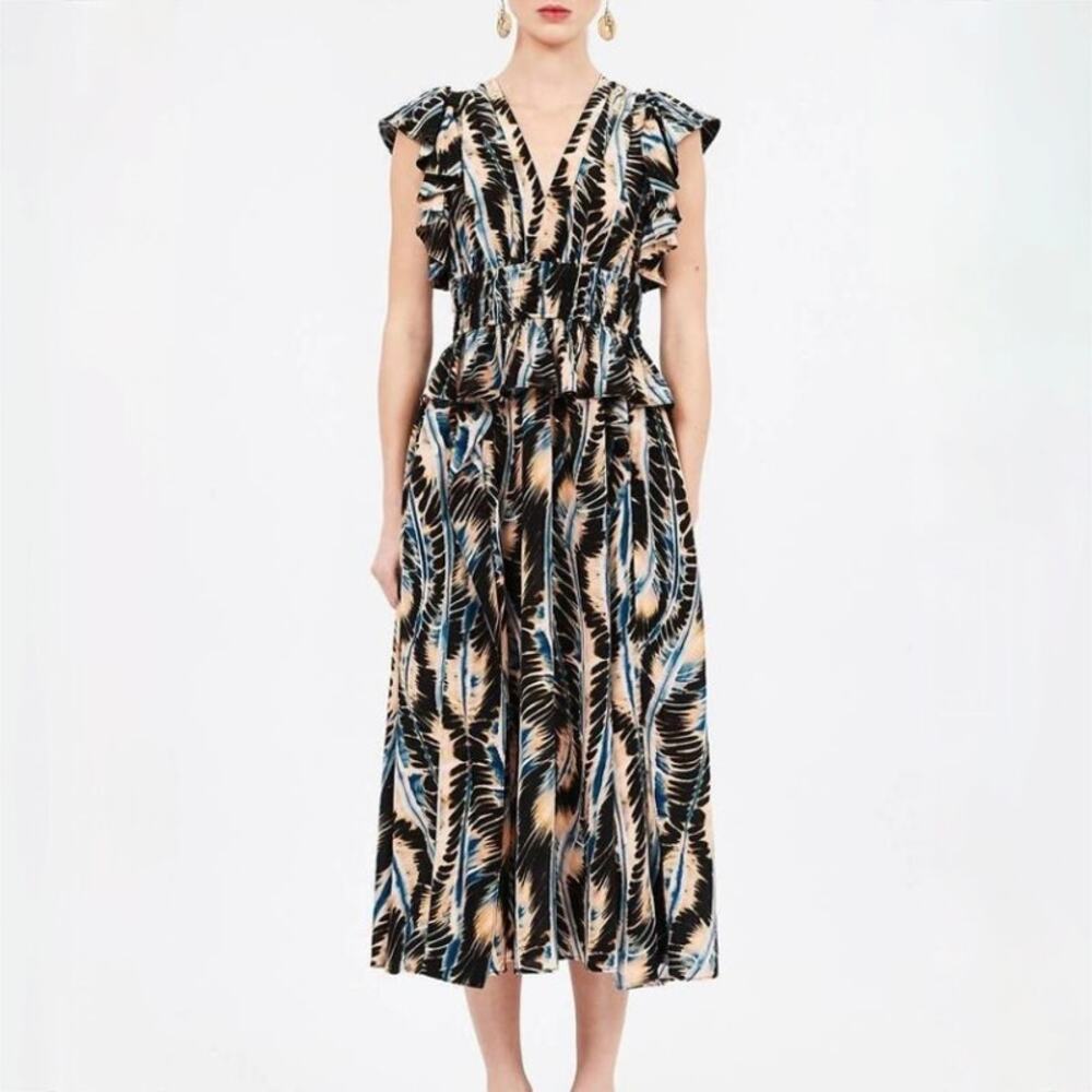 Ulla Johnson Brielle Dress in River - Black Blue Cream Gold - Size 8